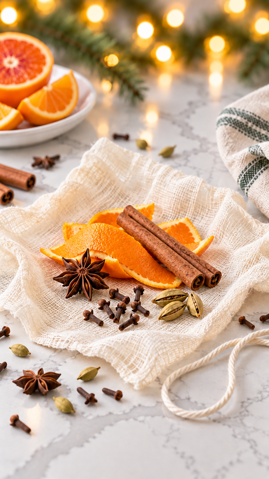 Orange peel, two cinnamon sticks, cloves, cracked cardamom pods, and star anise on cheesecloth for a spice bag.