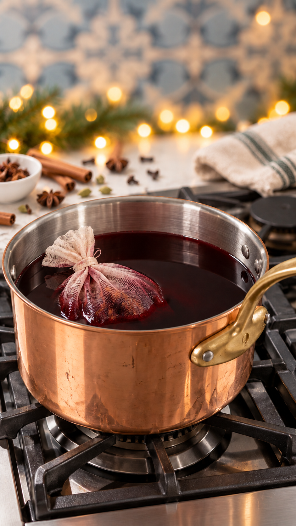 A cheesecloth spice bag infusing in mulled wine in a stainless-lined saucepan on the stovetop.