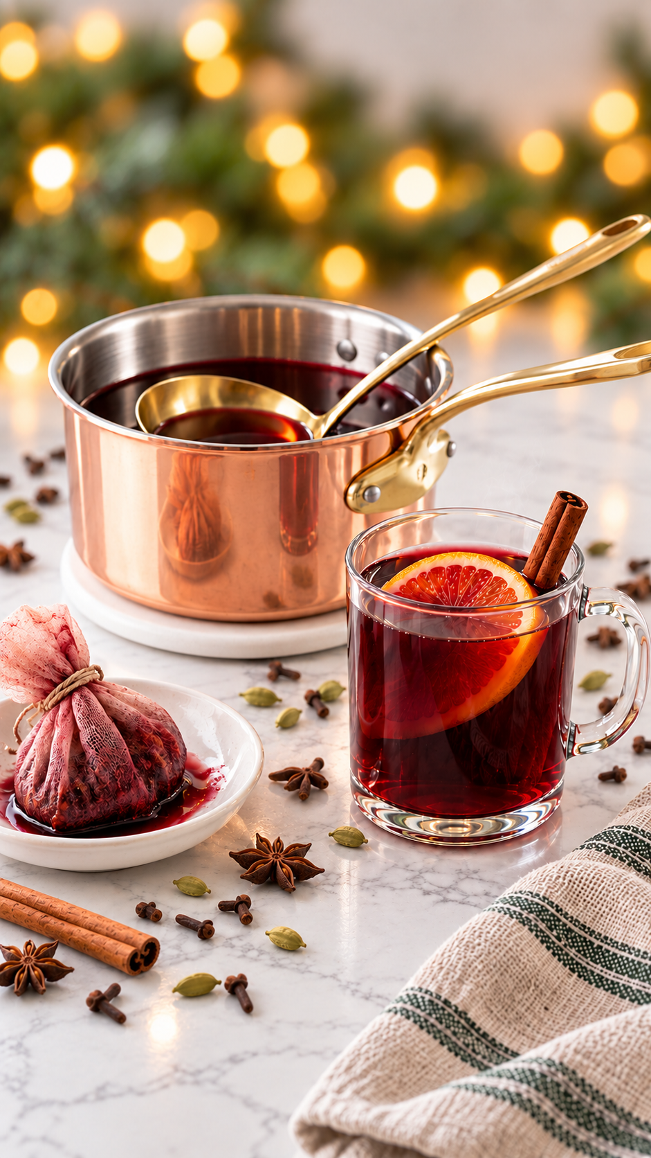 Strained mulled wine ready to ladle from a saucepan, with the removed spice bag and a garnished glass mug.
