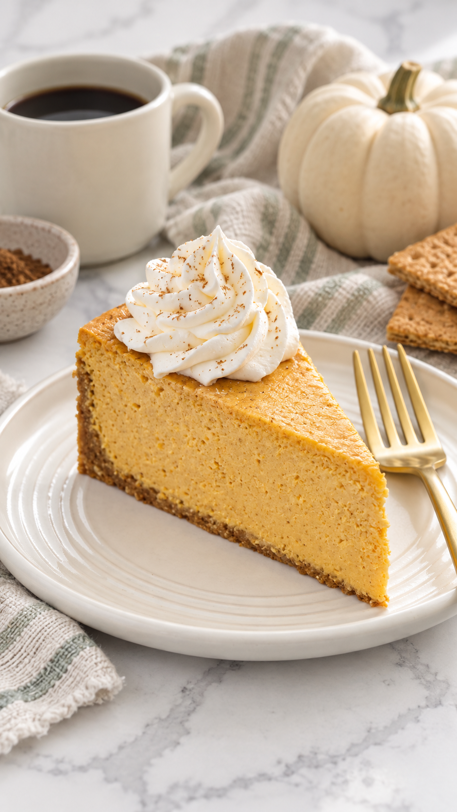 Pumpkin cheesecake ready to serve with whipped cream and a light nutmeg dusting.