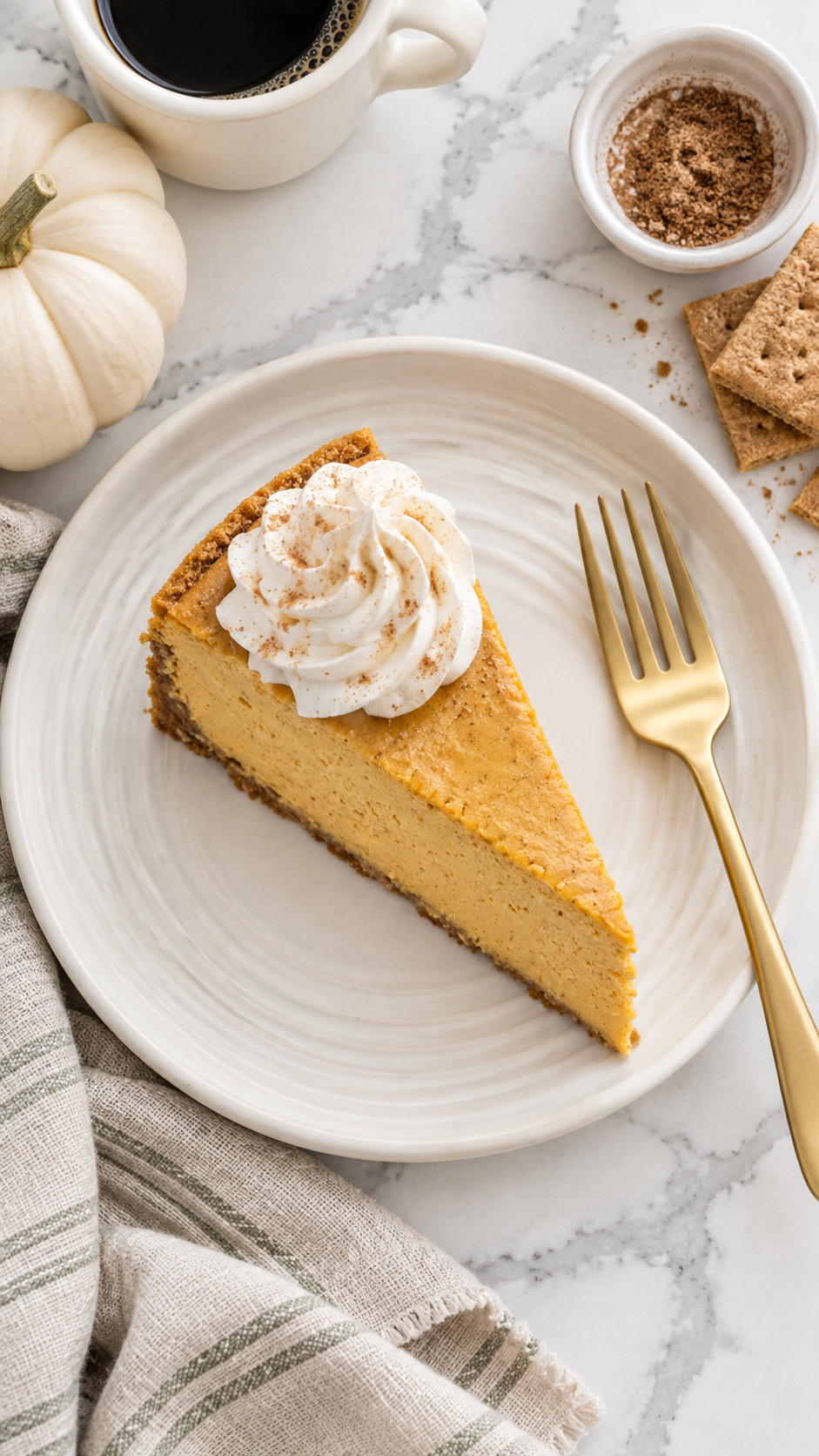 Overhead view of a pumpkin cheesecake slice with whipped cream on an ivory plate.