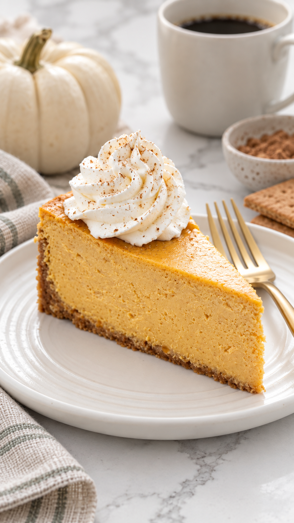 Close view of pumpkin cheesecake filling and graham cracker crust.