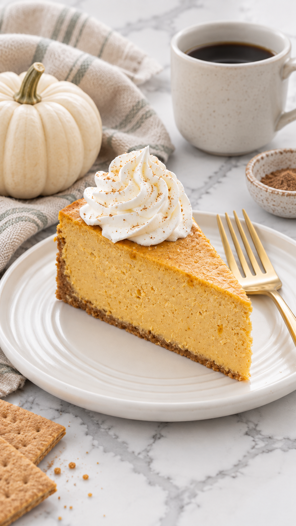 Pumpkin cheesecake slice with whipped cream and a light nutmeg dusting on an ivory plate.