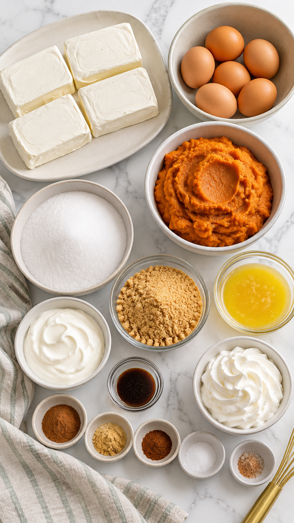 Ingredients for pumpkin cheesecake with a graham cracker crust.