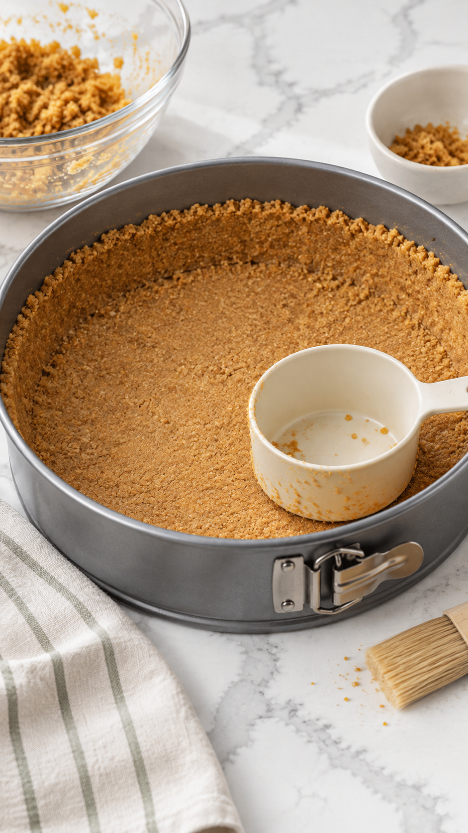 Graham cracker crust pressed into the bottom and sides of a springform pan.