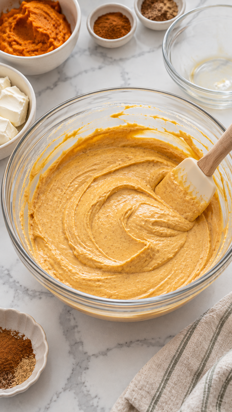 Smooth pumpkin cheesecake filling in a mixing bowl.