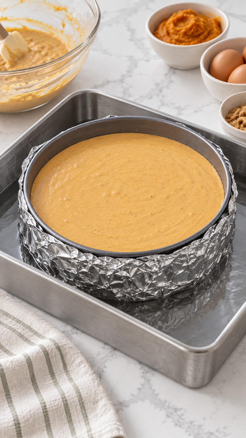 Foil-wrapped springform pan holding pumpkin cheesecake batter in a water bath.