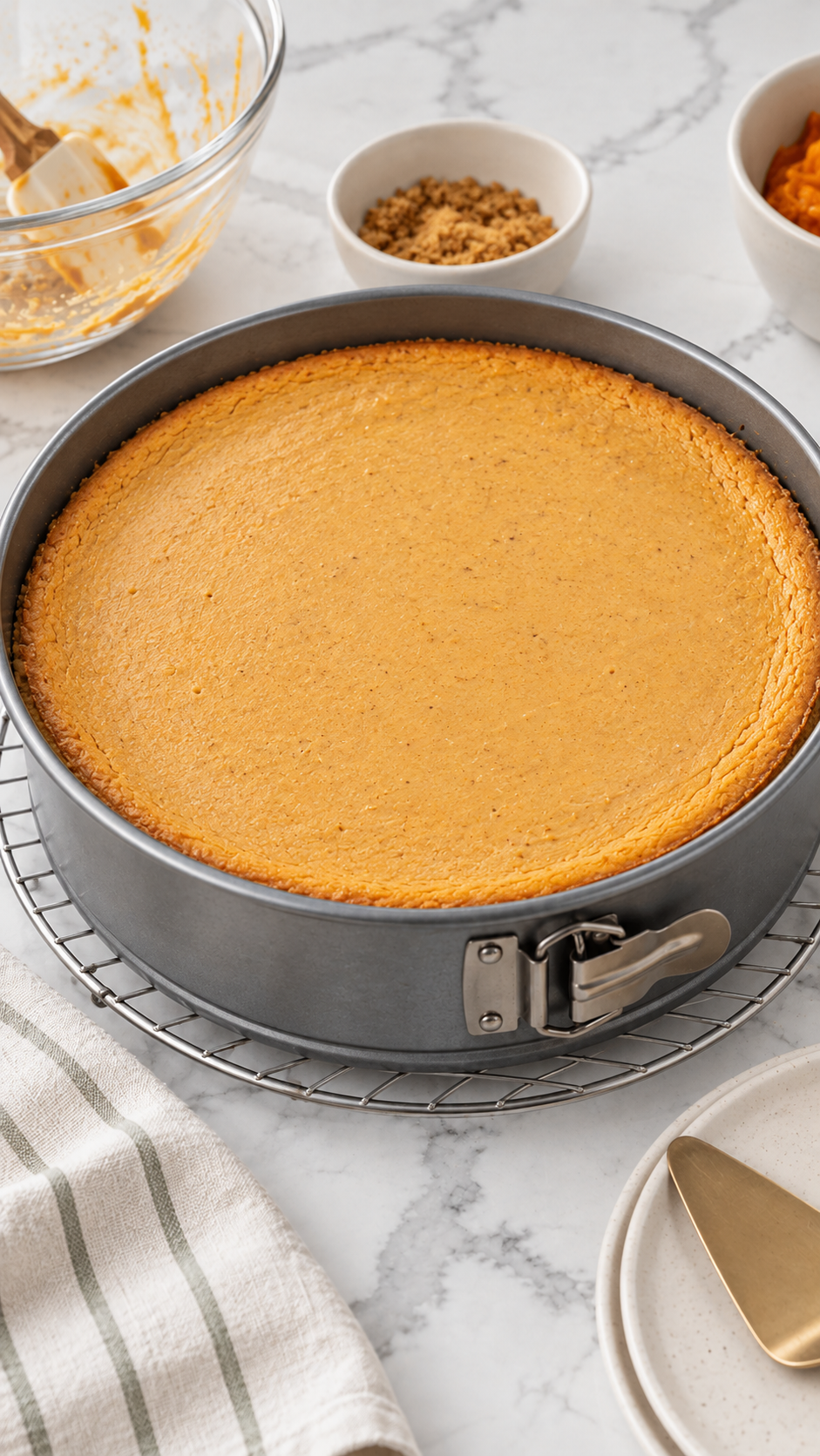 Baked pumpkin cheesecake cooling in its springform pan on a wire rack.