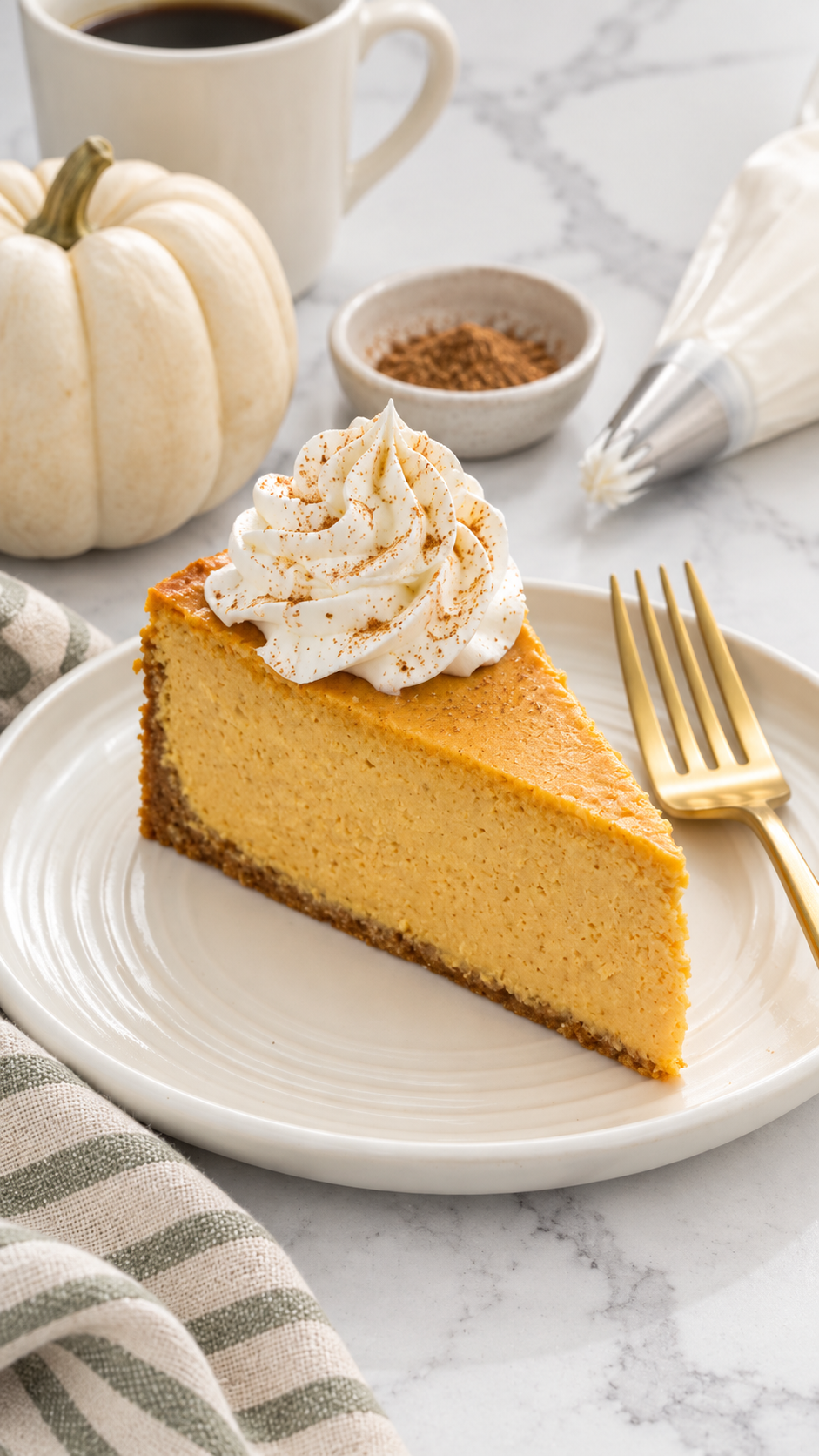 Pumpkin cheesecake slice finished with a whipped cream swirl and nutmeg.