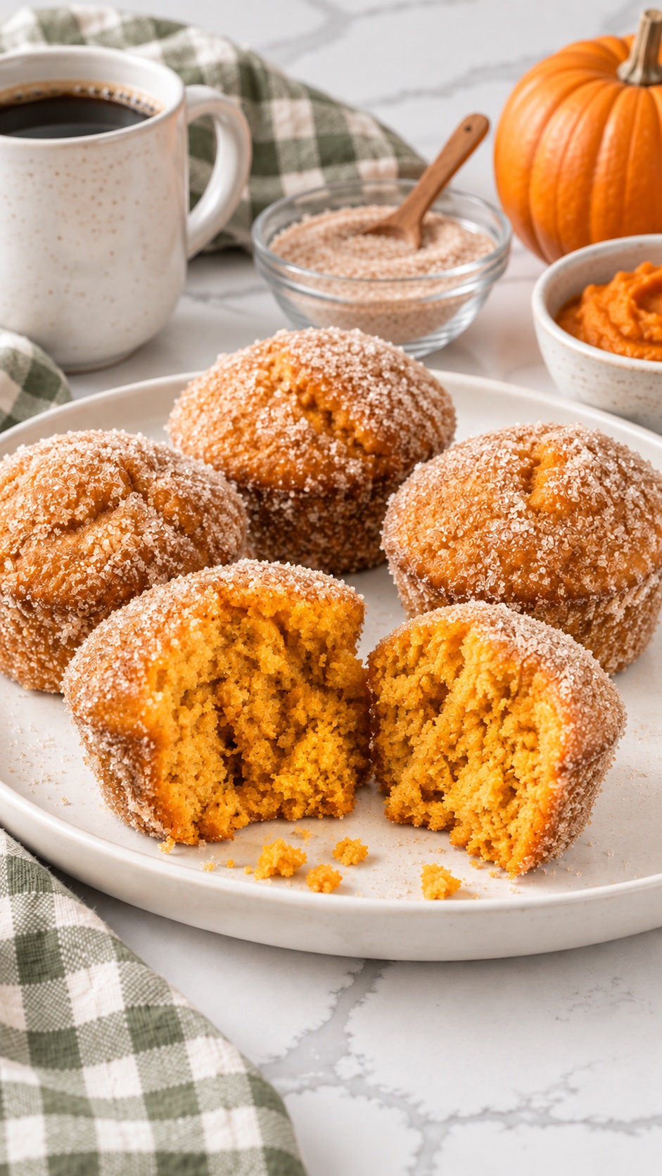 A split pumpkin donut muffin showing tender orange crumb on an ivory platter