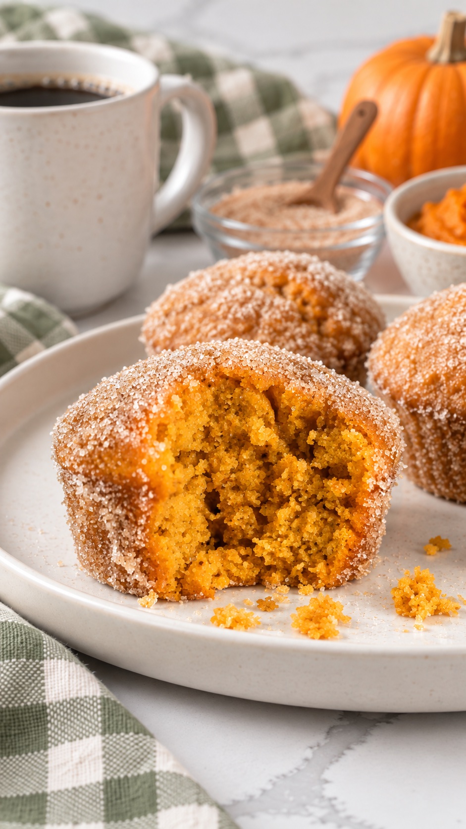 Close view of a broken pumpkin donut muffin and its spiced sugar coating