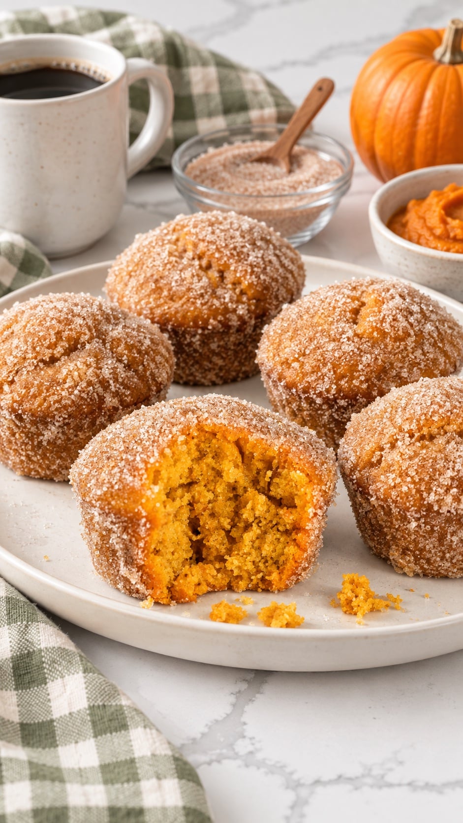 Pumpkin donut muffins with cinnamon sugar on an ivory platter, with orange crumb visible