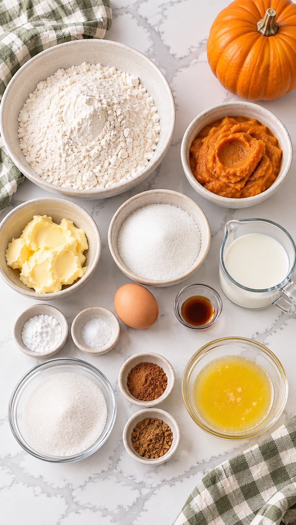 Measured flour, pumpkin puree, salted butter, sugar, egg, milk, vanilla, spices, baking powder, and salt