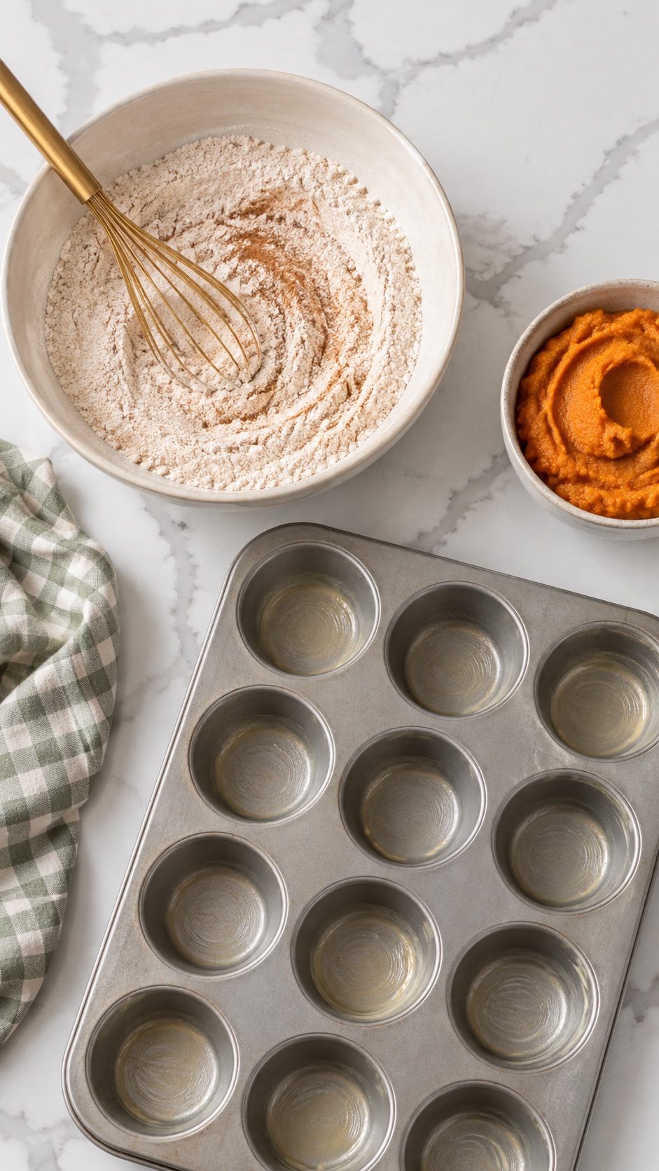 Dry muffin ingredients with a whisk beside a greased muffin pan without liners