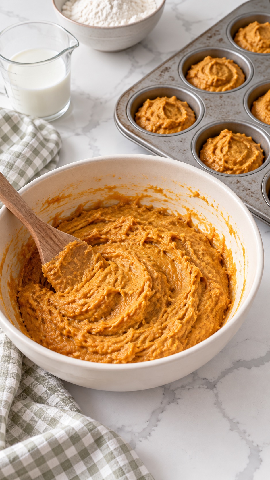 Thick pumpkin muffin batter in a bowl and portioned into a muffin pan