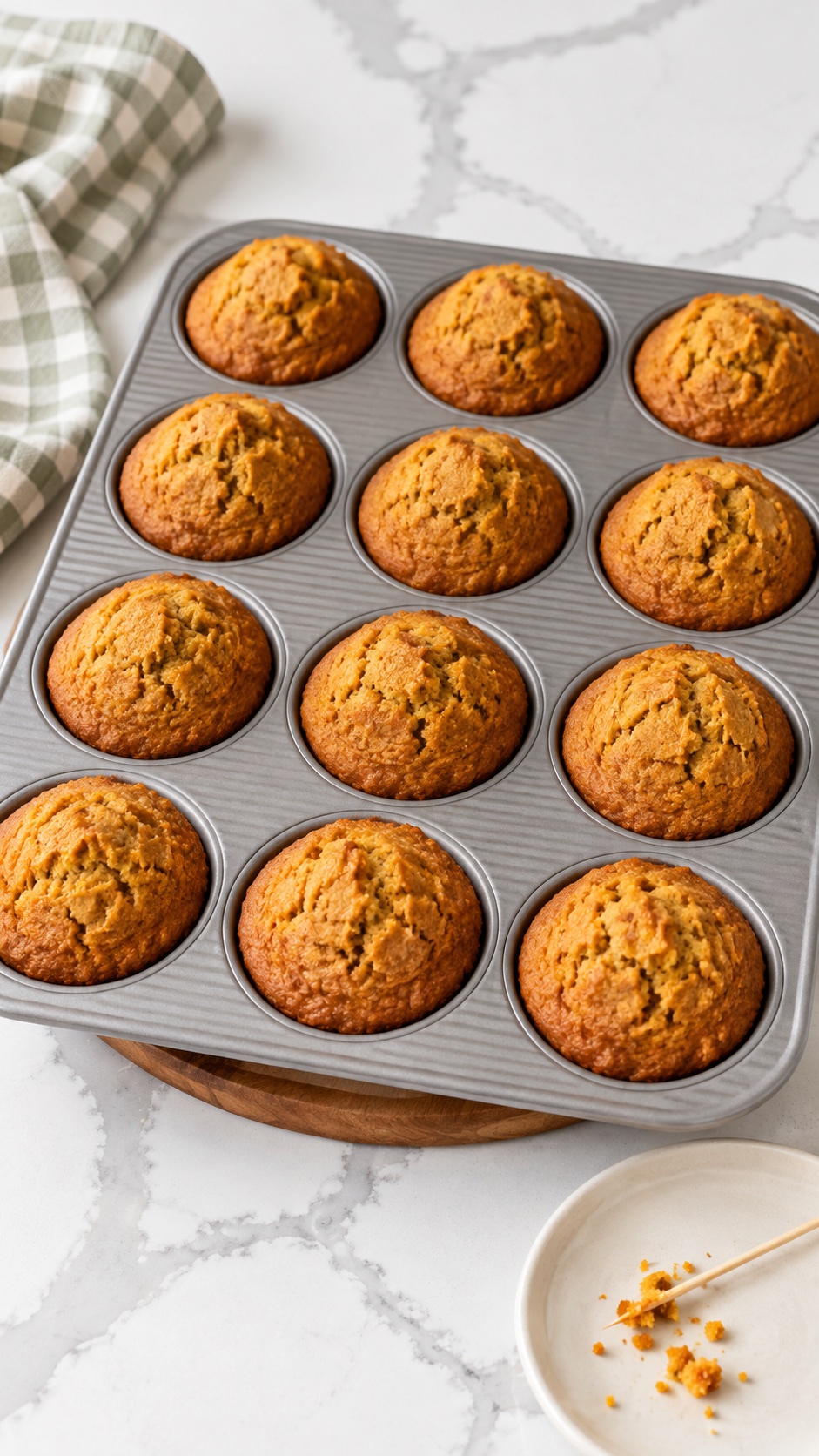 Twelve baked pumpkin muffins before coating in a standard muffin pan
