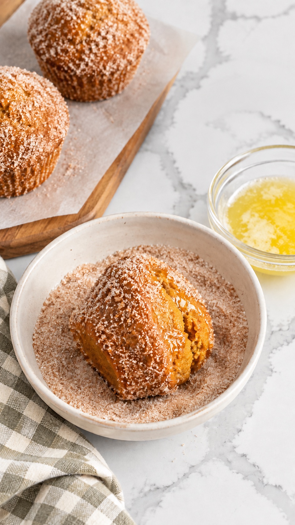 A buttered pumpkin muffin in spiced sugar beside melted butter