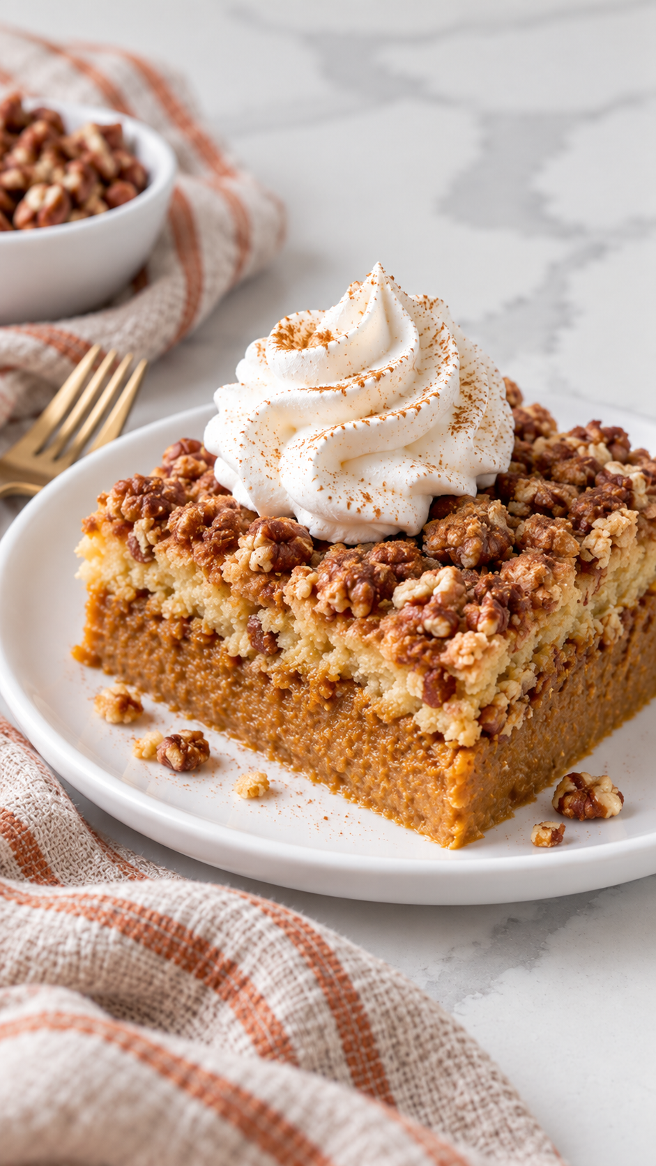 Side view of pumpkin dump cake with creamy filling and a buttery pecan topping on a white ceramic plate