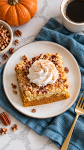 Overhead view of pumpkin dump cake with whipped cream on the same ivory dessert plate
