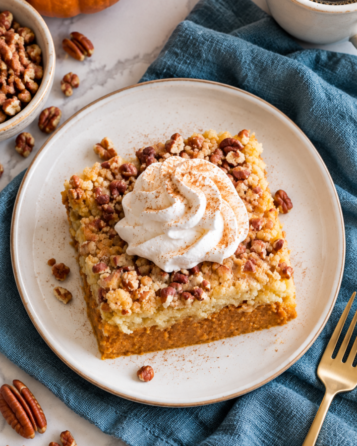 Overhead view of pumpkin dump cake with whipped cream on the same ivory dessert plate