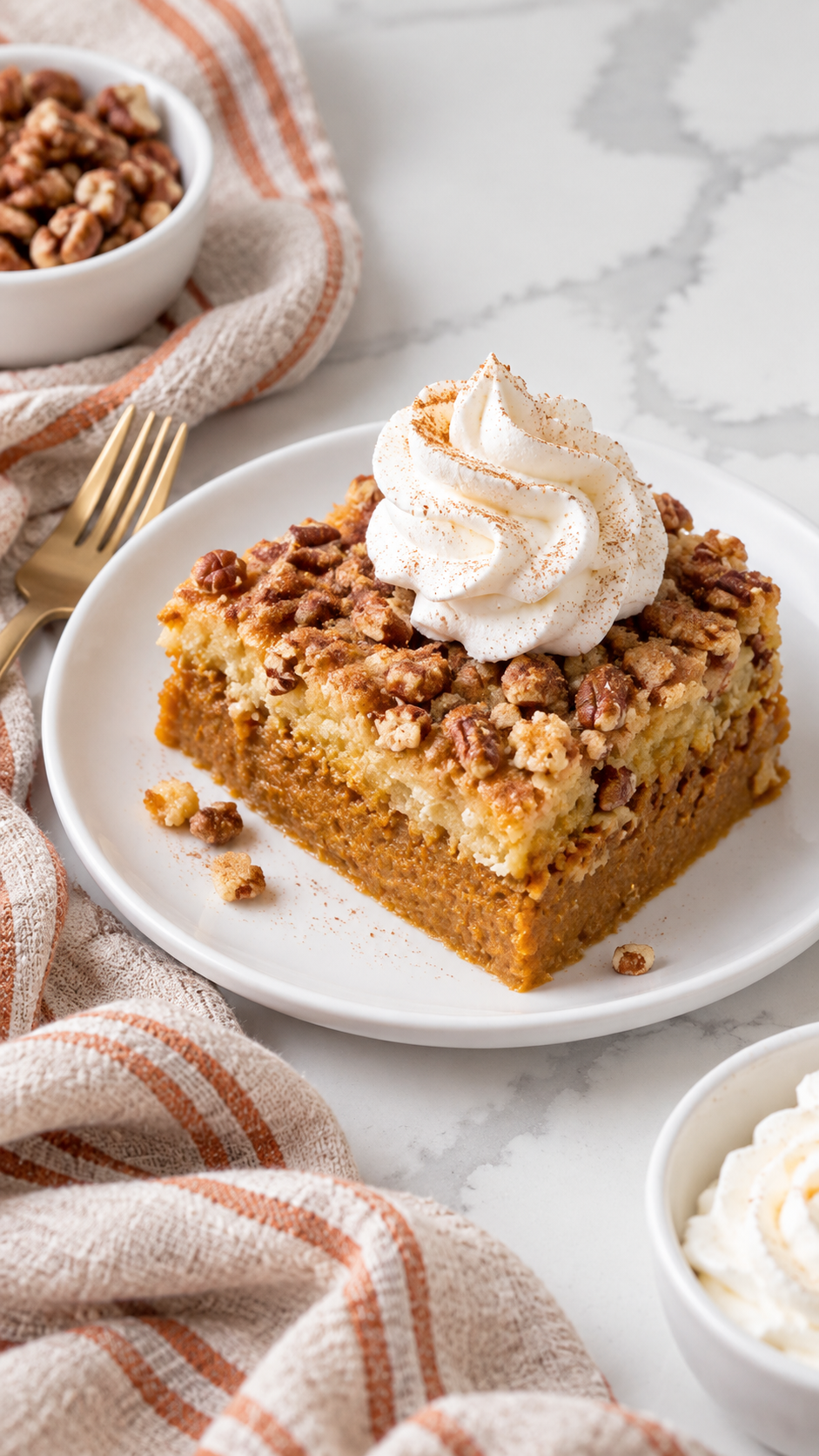 Pumpkin dump cake with a piped whipped cream swirl on a white ceramic plate