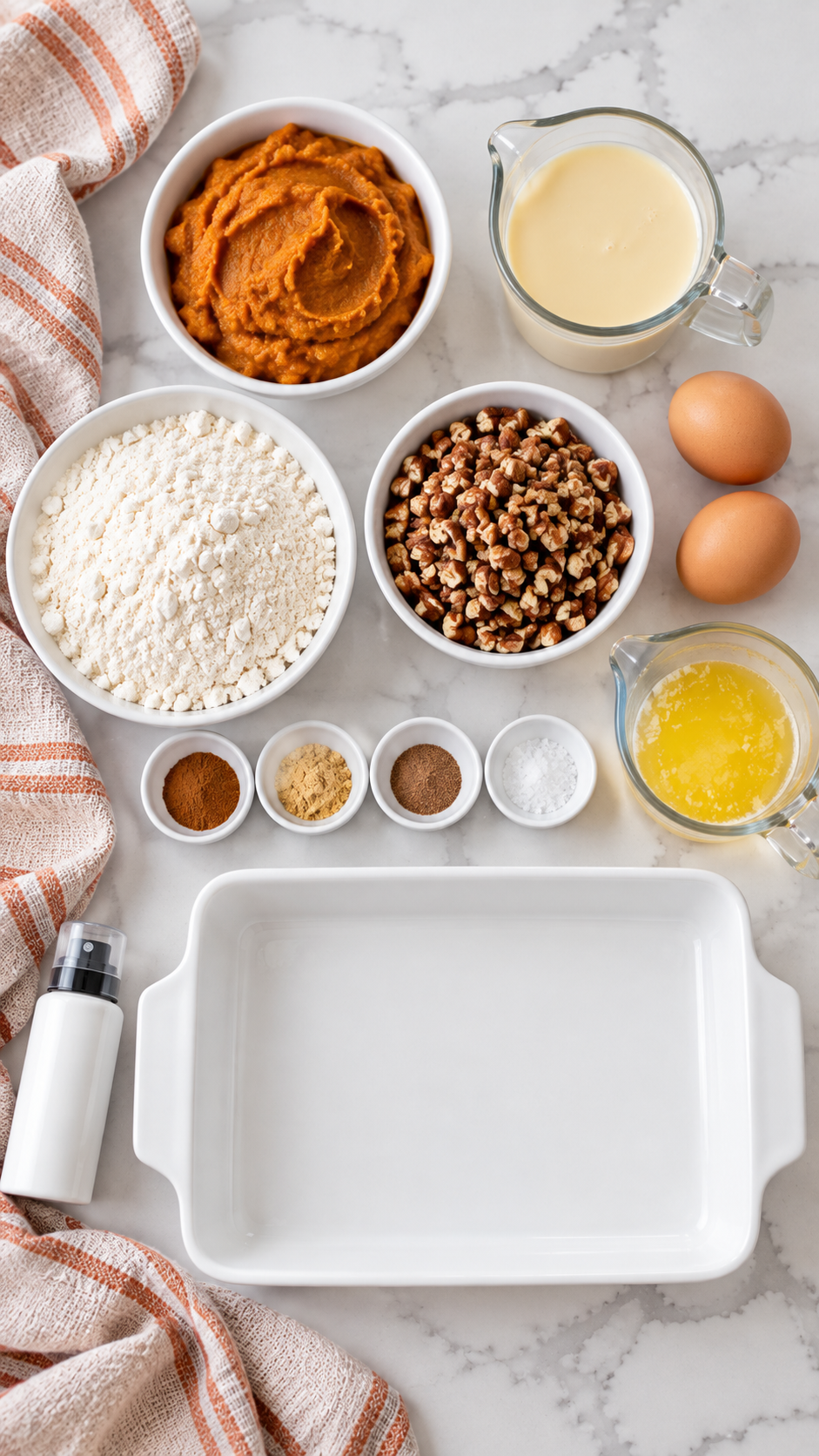 Pumpkin puree, condensed milk, eggs, spices, cake mix, pecans and melted butter arranged for pumpkin dump cake