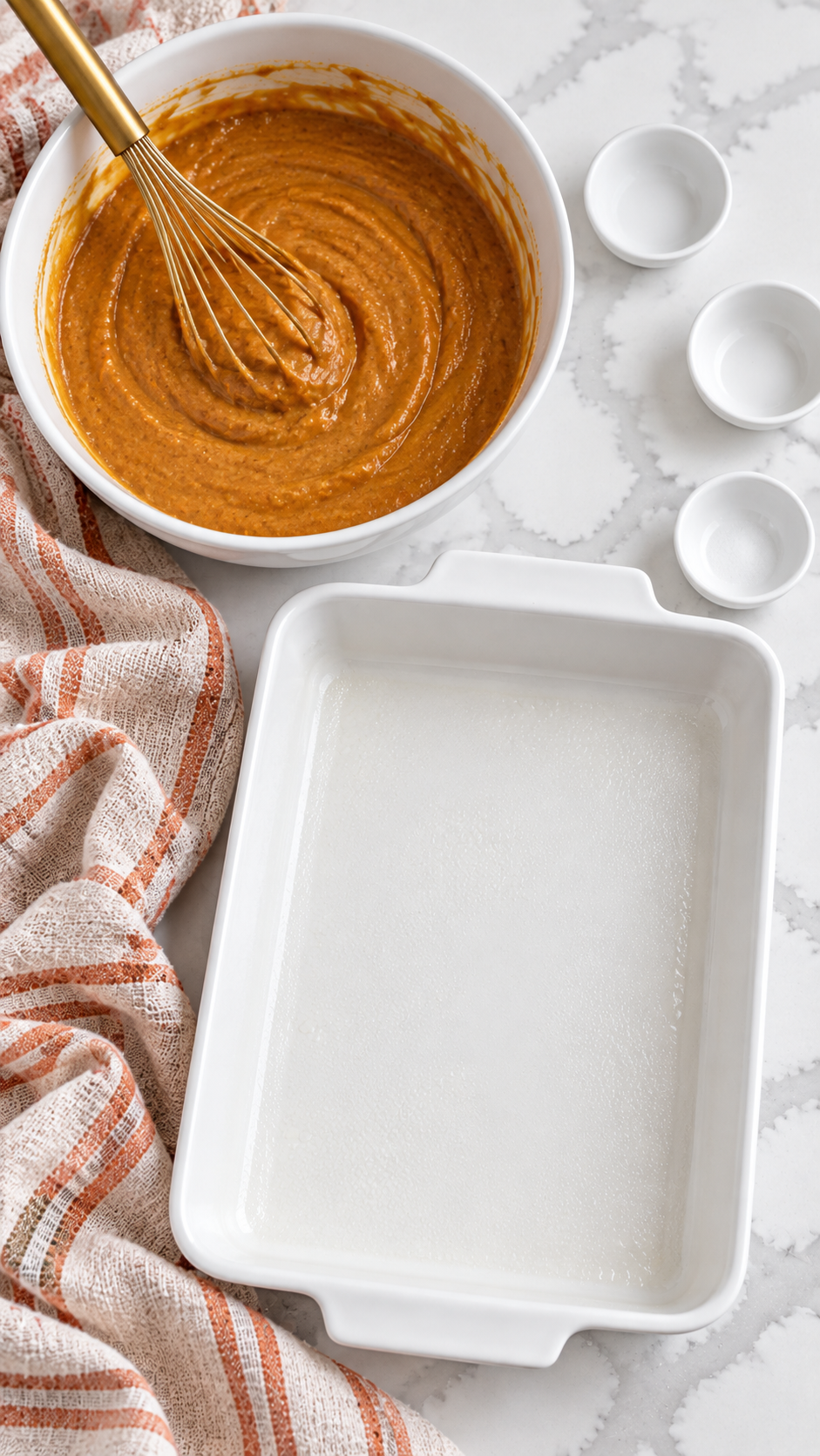 Mixed pumpkin filling in a white ceramic bowl beside the prepared white baking dish