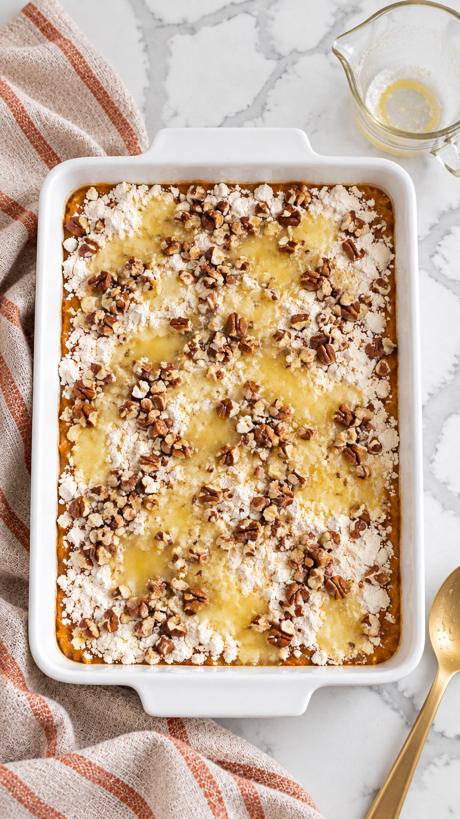 Dry cake mix and pecans layered over pumpkin filling with melted butter in a white ceramic baking dish