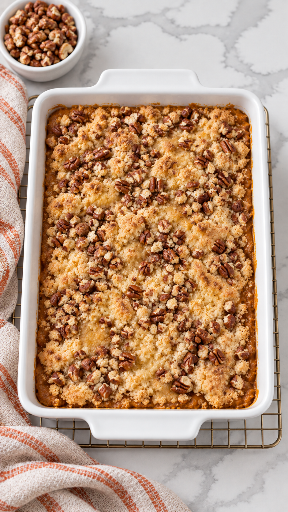 Golden pecan topping on baked pumpkin dump cake in a white ceramic baking dish