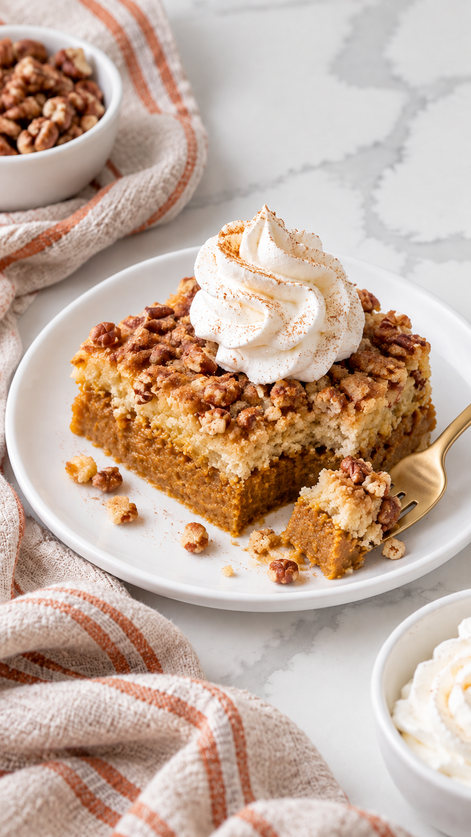 Cooled pumpkin dump cake with piped whipped cream and a small bite beside it on a white ceramic plate