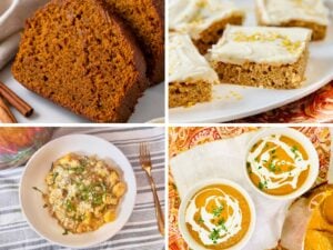 Collage of sliced Amish pumpkin bread, pumpkin bars with cream cheese frosting, pumpkin sausage gnocchi, and creamy pumpkin soup
