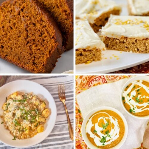 Collage of sliced Amish pumpkin bread, pumpkin bars with cream cheese frosting, pumpkin sausage gnocchi, and creamy pumpkin soup