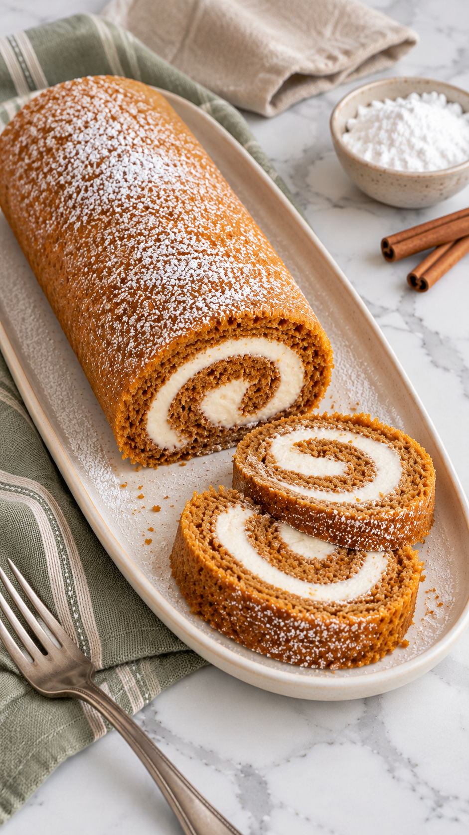 Pumpkin roll ready to serve with two slices, sage linen and silver dessert fork.