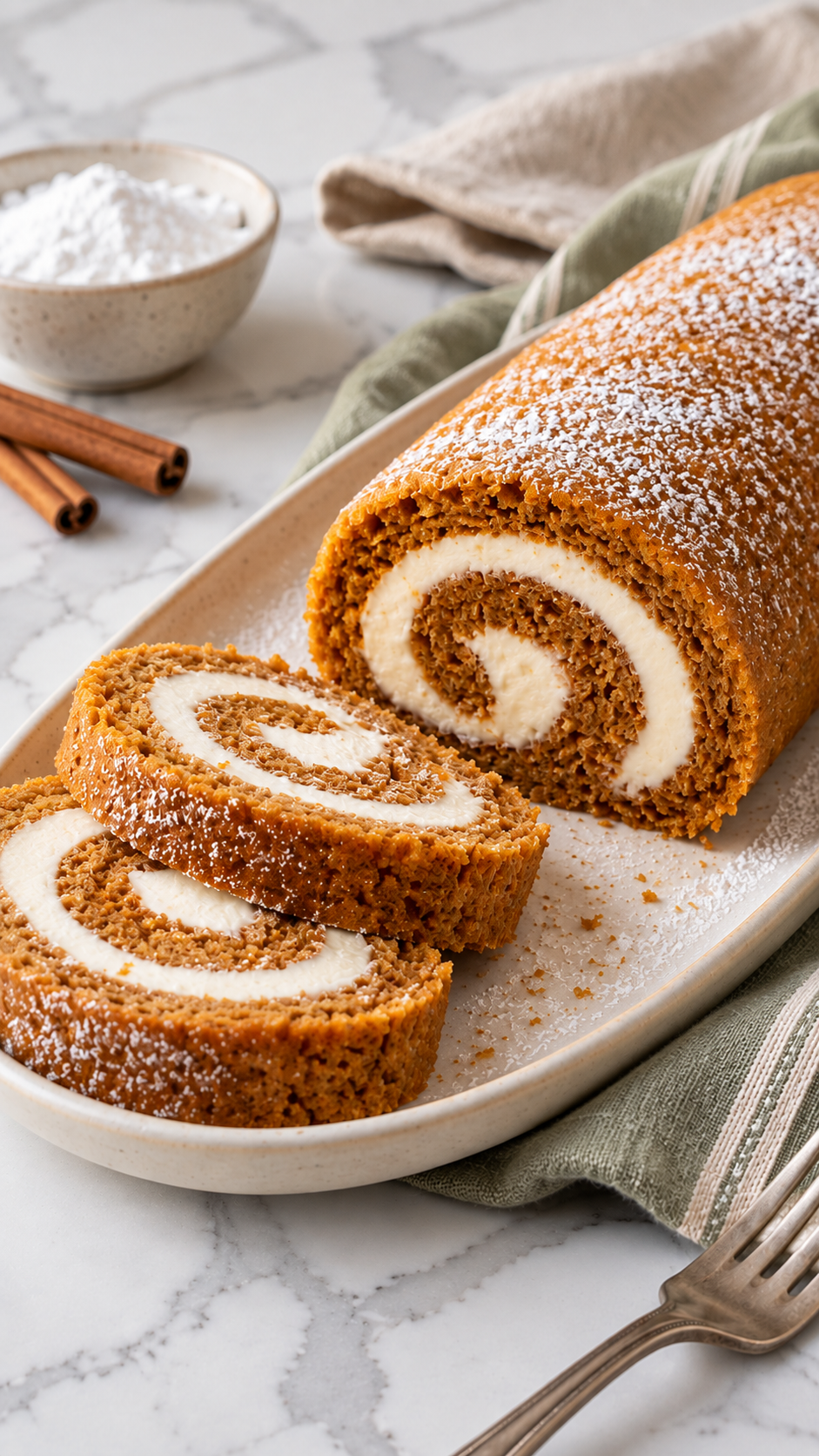 Close view of pumpkin roll cream cheese spirals on an ivory oval platter.