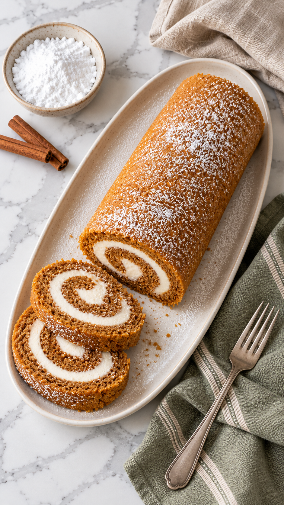 Overhead view of pumpkin roll and two slices with sage linen and powdered sugar.