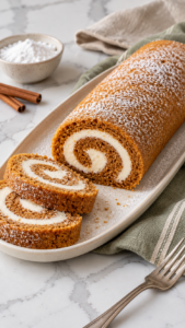 Pumpkin roll and two cream cheese-filled slices on an ivory oval platter with sage striped linen.