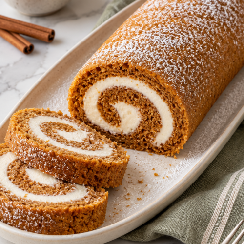 Pumpkin roll and two cream cheese-filled slices on an ivory oval platter with sage striped linen.