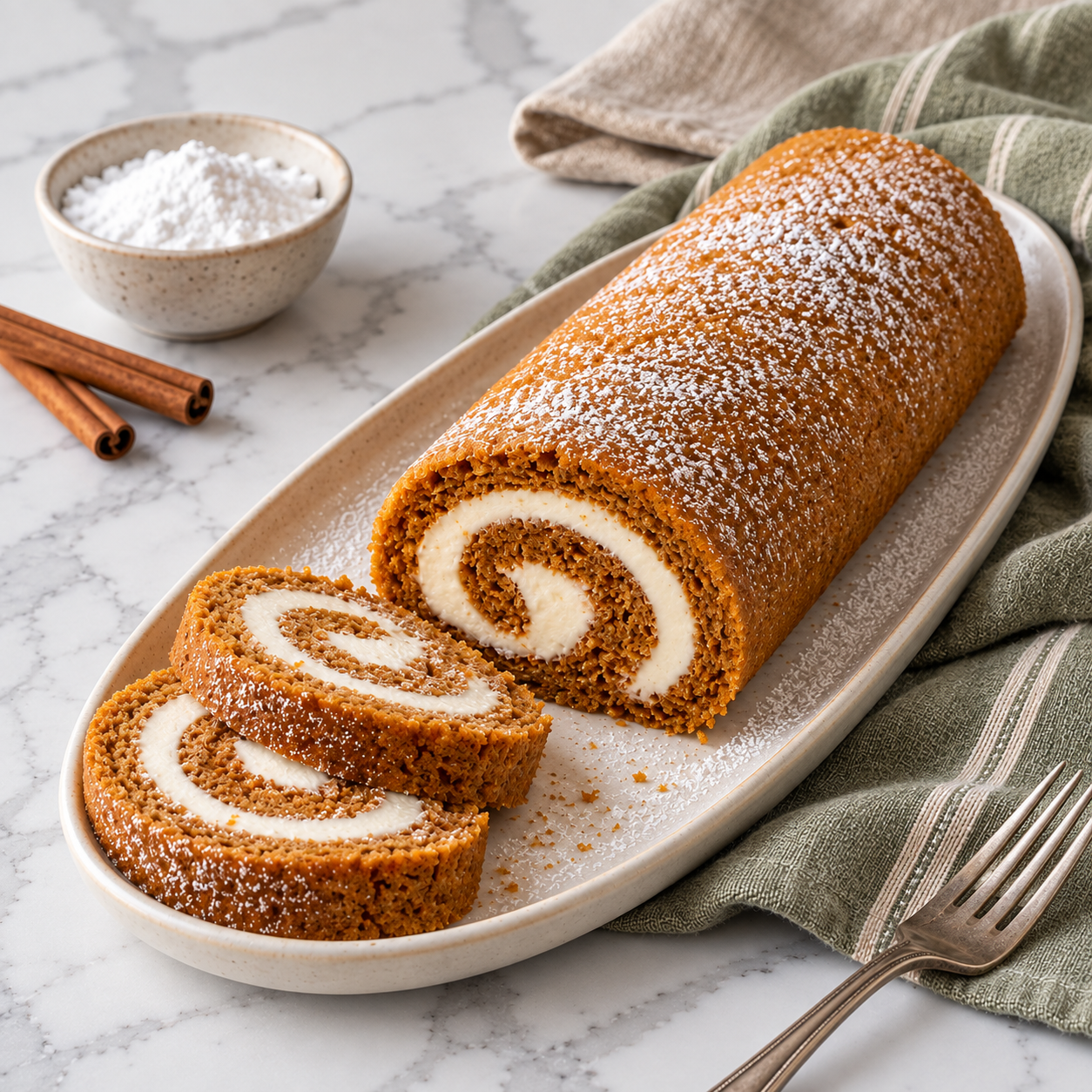 Pumpkin roll with cream cheese filling on an ivory oval platter and sage linen.