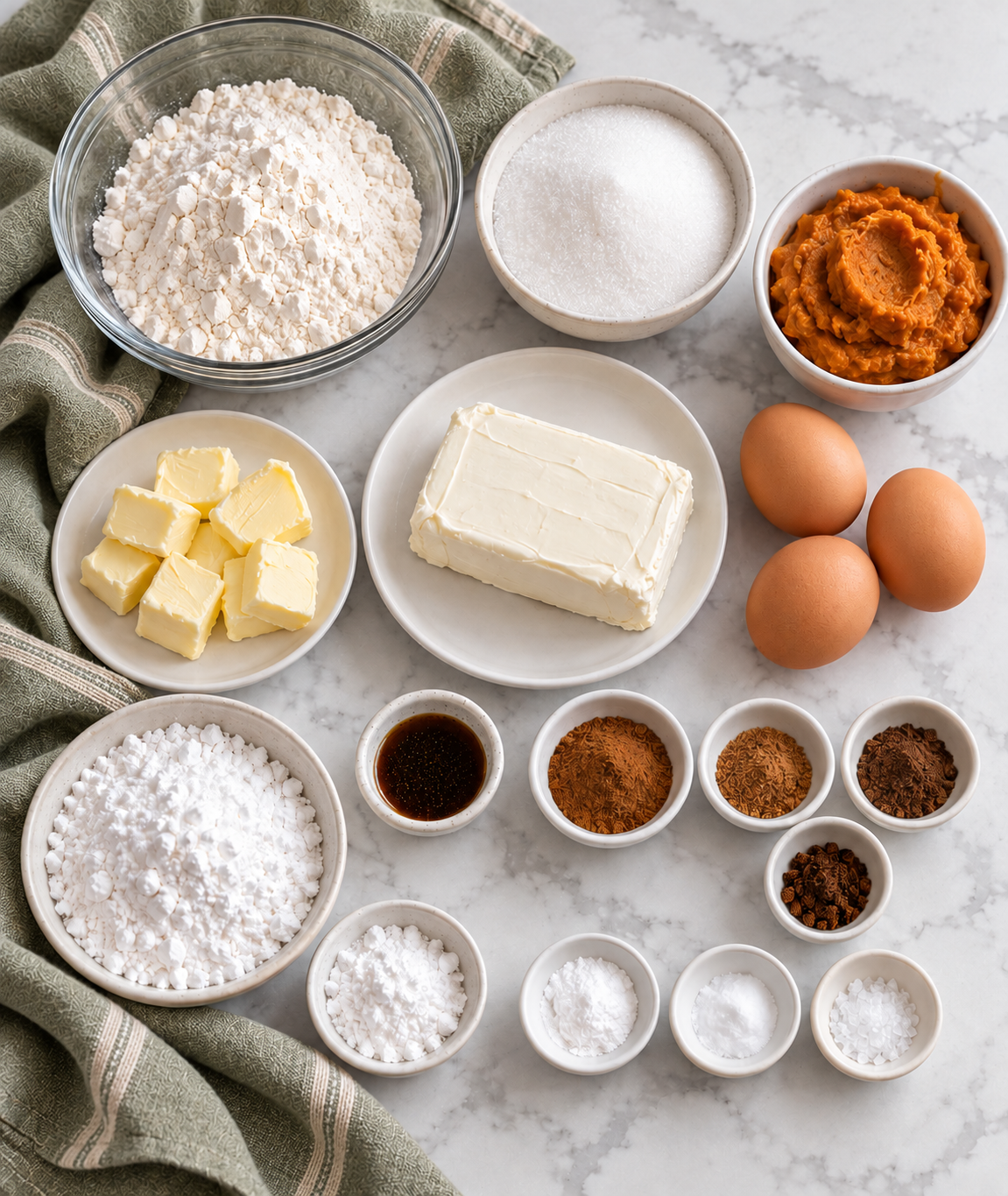 Pumpkin puree, cream cheese, butter, eggs, flour, sugars, vanilla and spices for pumpkin roll.