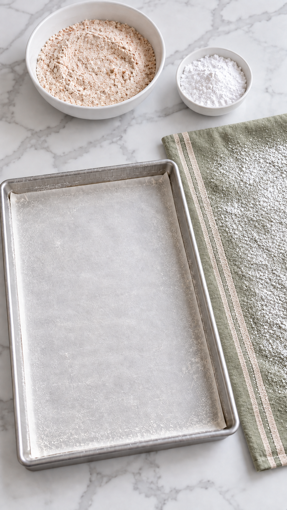 Parchment-lined jelly-roll pan and a thin cotton towel dusted with powdered sugar.