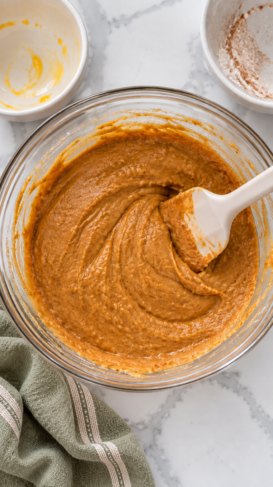 Pumpkin cake batter folded together in a glass mixing bowl.