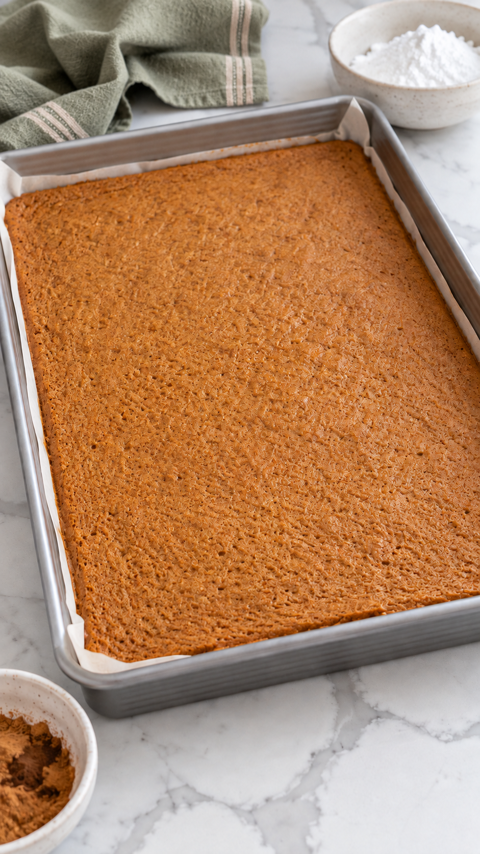 Thin pumpkin cake baked in a parchment-lined jelly-roll pan.
