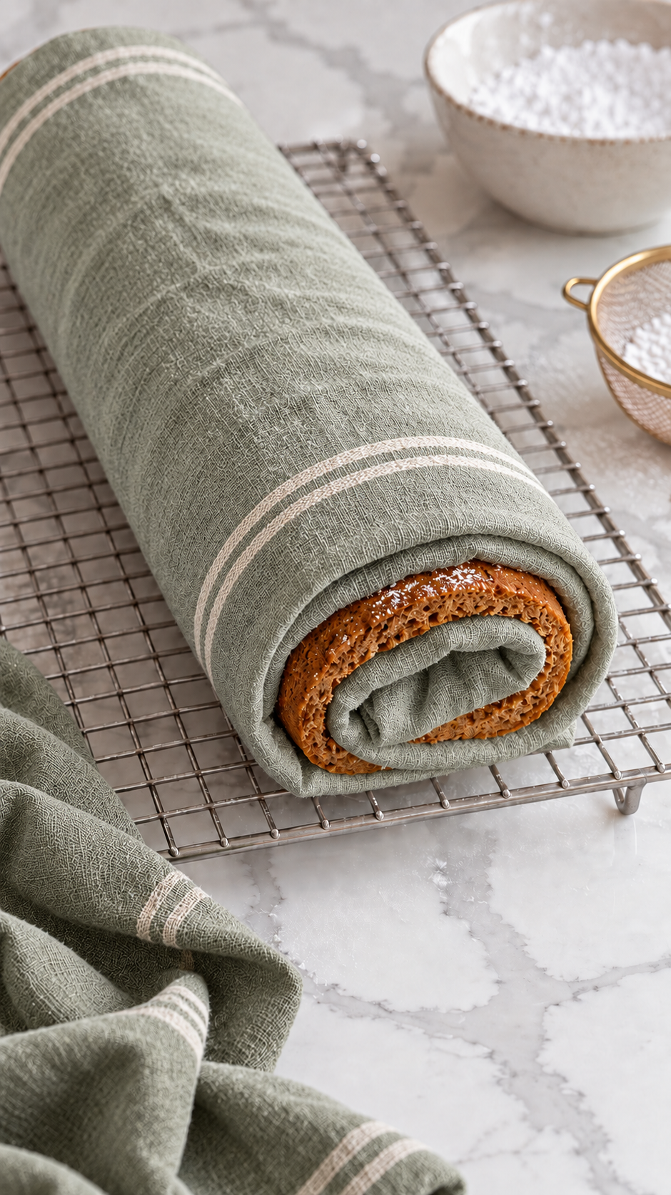 Pumpkin cake rolled in a thin cotton towel to cool on a wire rack.