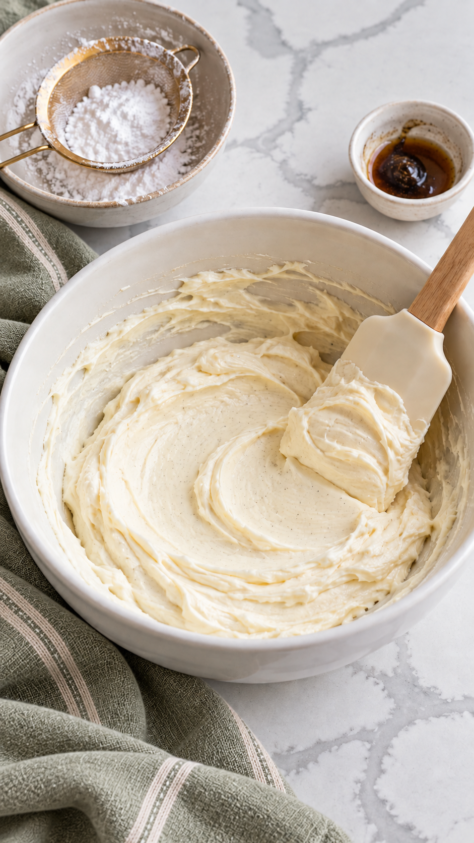 Smooth cream cheese filling with vanilla specks in a mixing bowl.