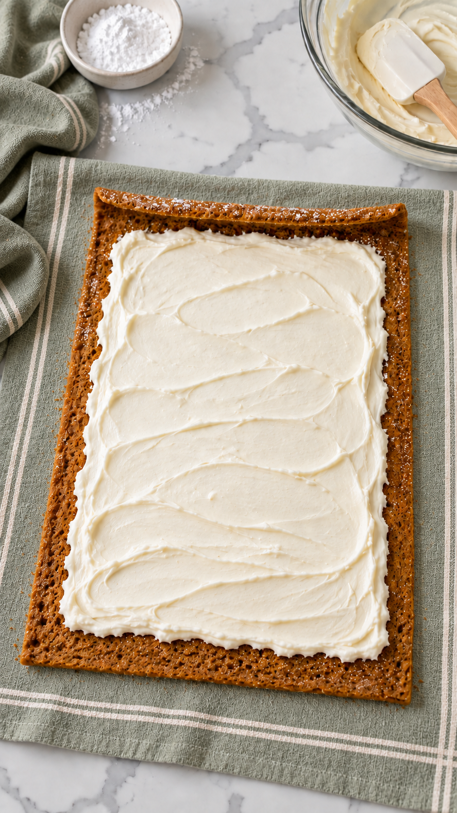 Cream cheese filling spread over cooled pumpkin cake with a bare border.