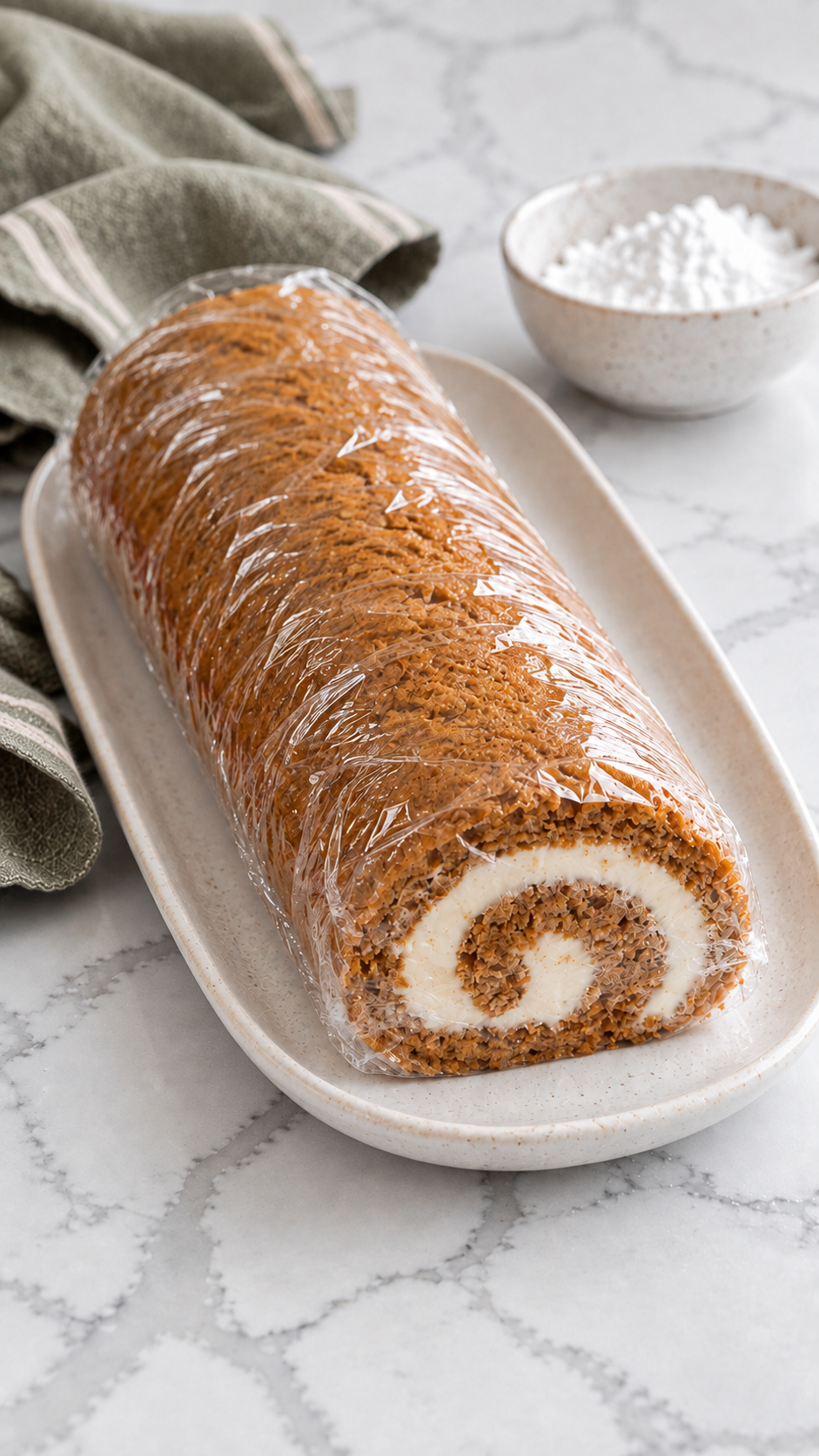 Filled pumpkin roll wrapped in plastic wrap before chilling.