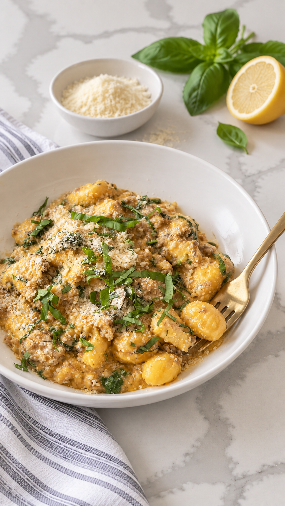 Creamy pumpkin sausage gnocchi served in a white bowl with a gold fork.