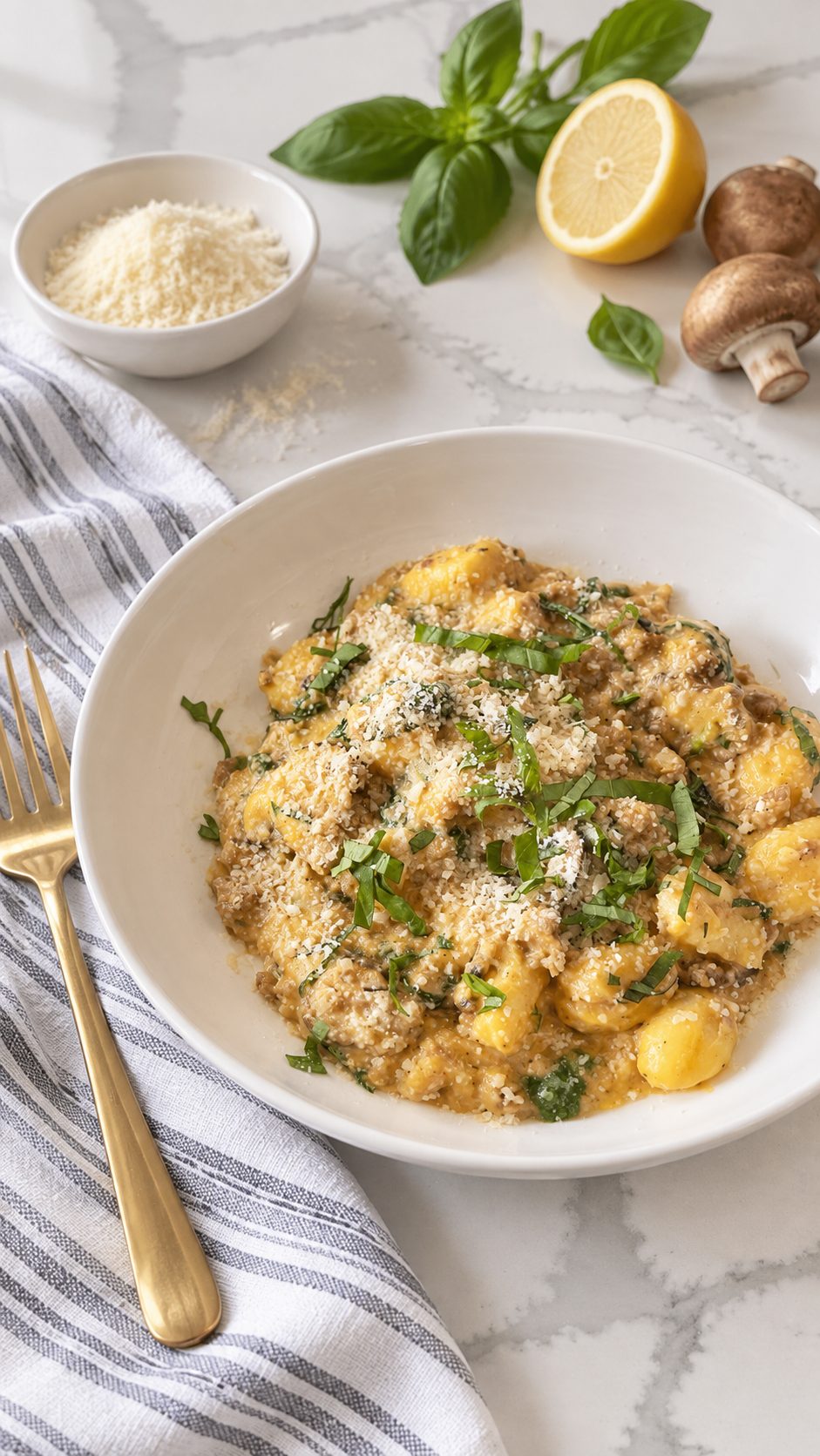 Pumpkin sausage gnocchi with mushrooms, spinach, Parmesan and basil in a white bowl.