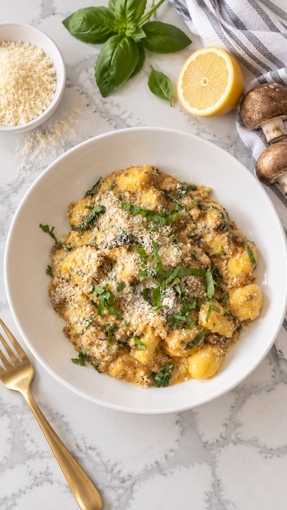 Overhead view of creamy pumpkin sausage gnocchi with mushrooms in a white bowl.
