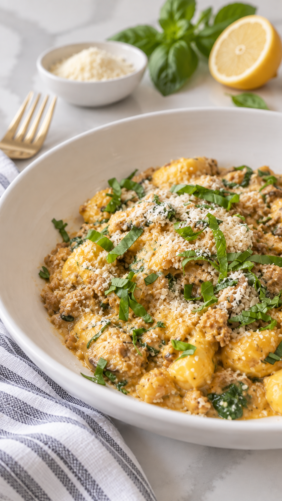 Close view of potato gnocchi, sausage and mushrooms coated in pumpkin cream sauce.